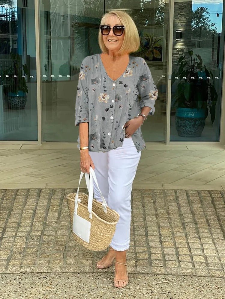 Women's Floral V-Neck Blouse - Grey