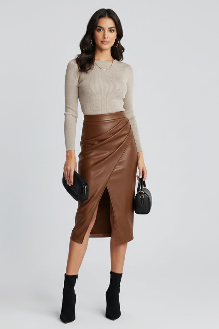 Women's High-Waisted Faux Leather Pencil Skirt - Brown
