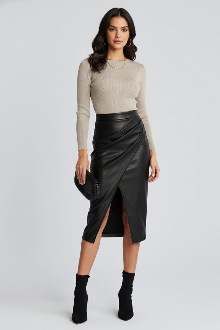 Women's High-Waisted Faux Leather Pencil Skirt - Black