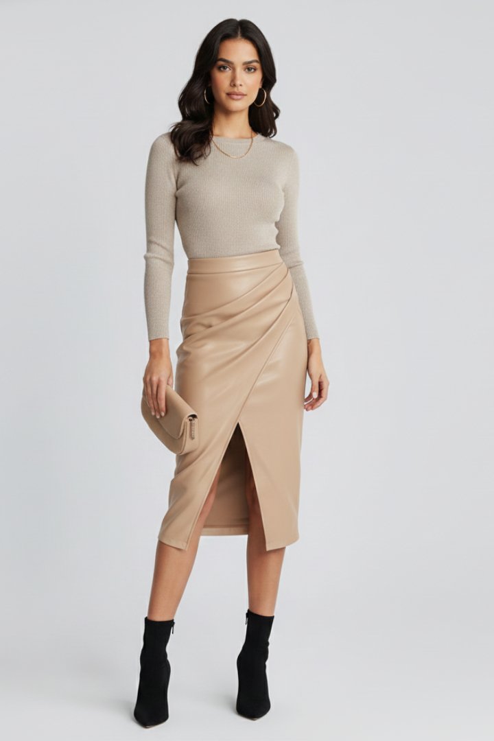 Women's High-Waisted Faux Leather Pencil Skirt - Beige