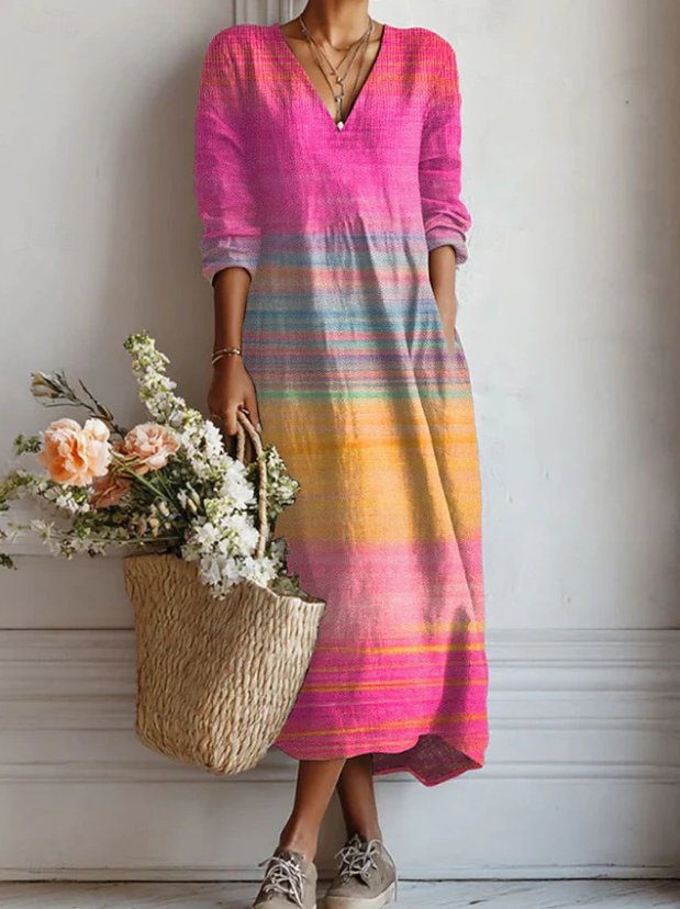 Women's Striped V-Neck Maxi Dress - Pink