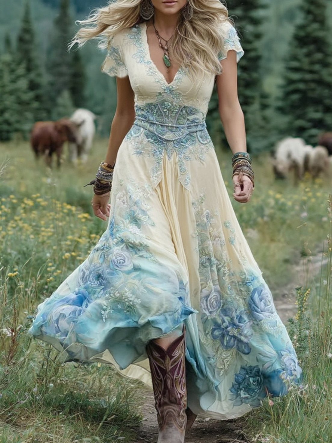 Women's Floral V-Neck Maxi Dress - Blue