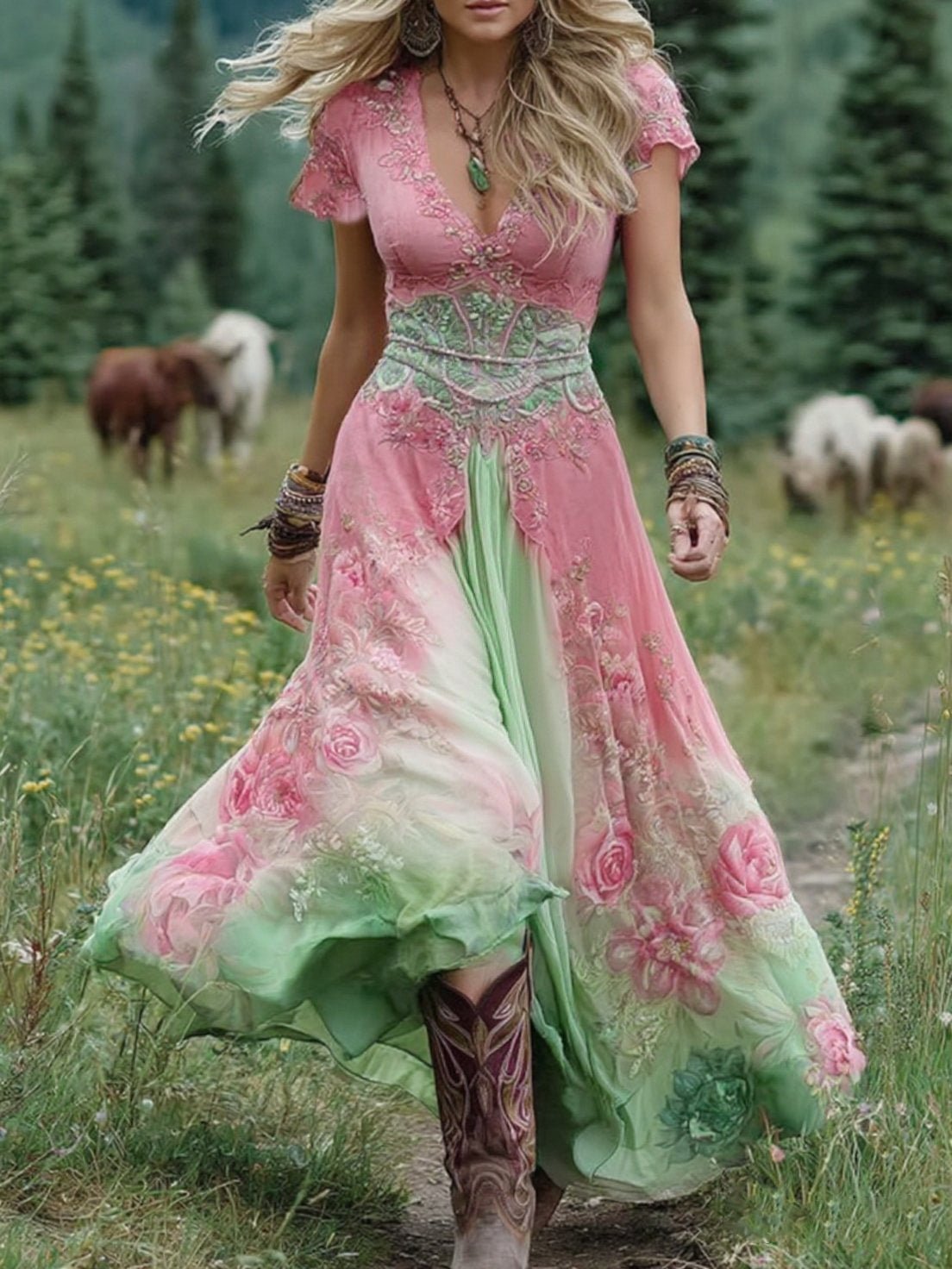 Women's Floral V-Neck Maxi Dress - Pink