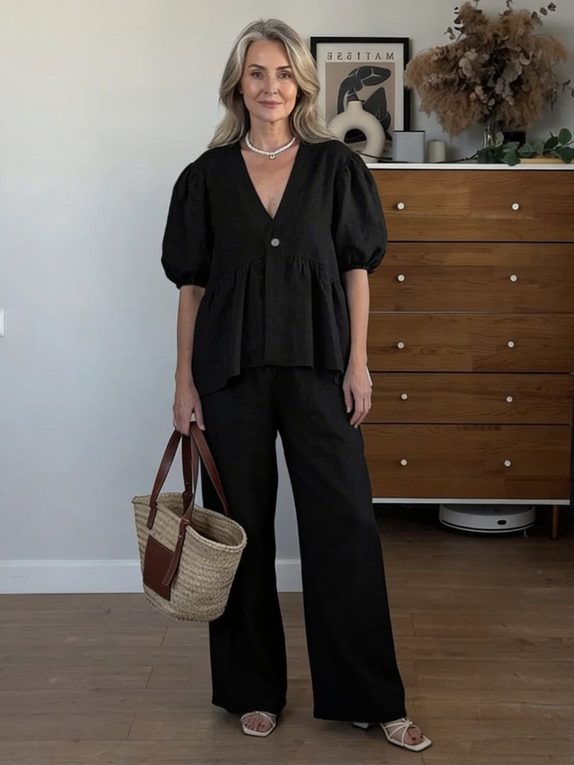 Women's Linen Peplum Wide-Leg Set - Black
