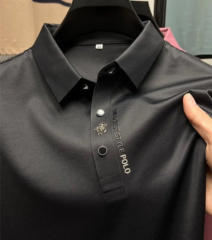 Men's Snap-Placket Twill Polo - Black
