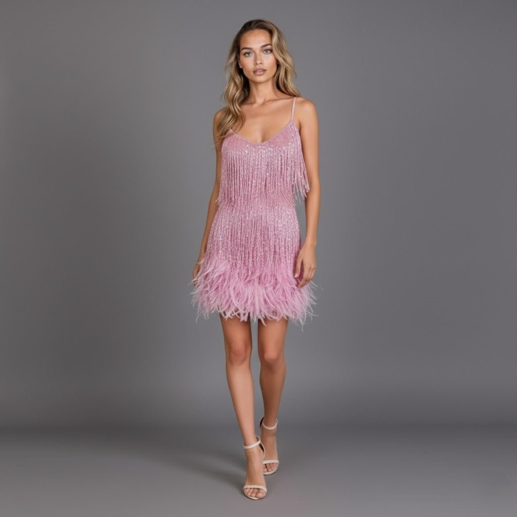 Women's Beaded Fringe Mini Dress - Pink