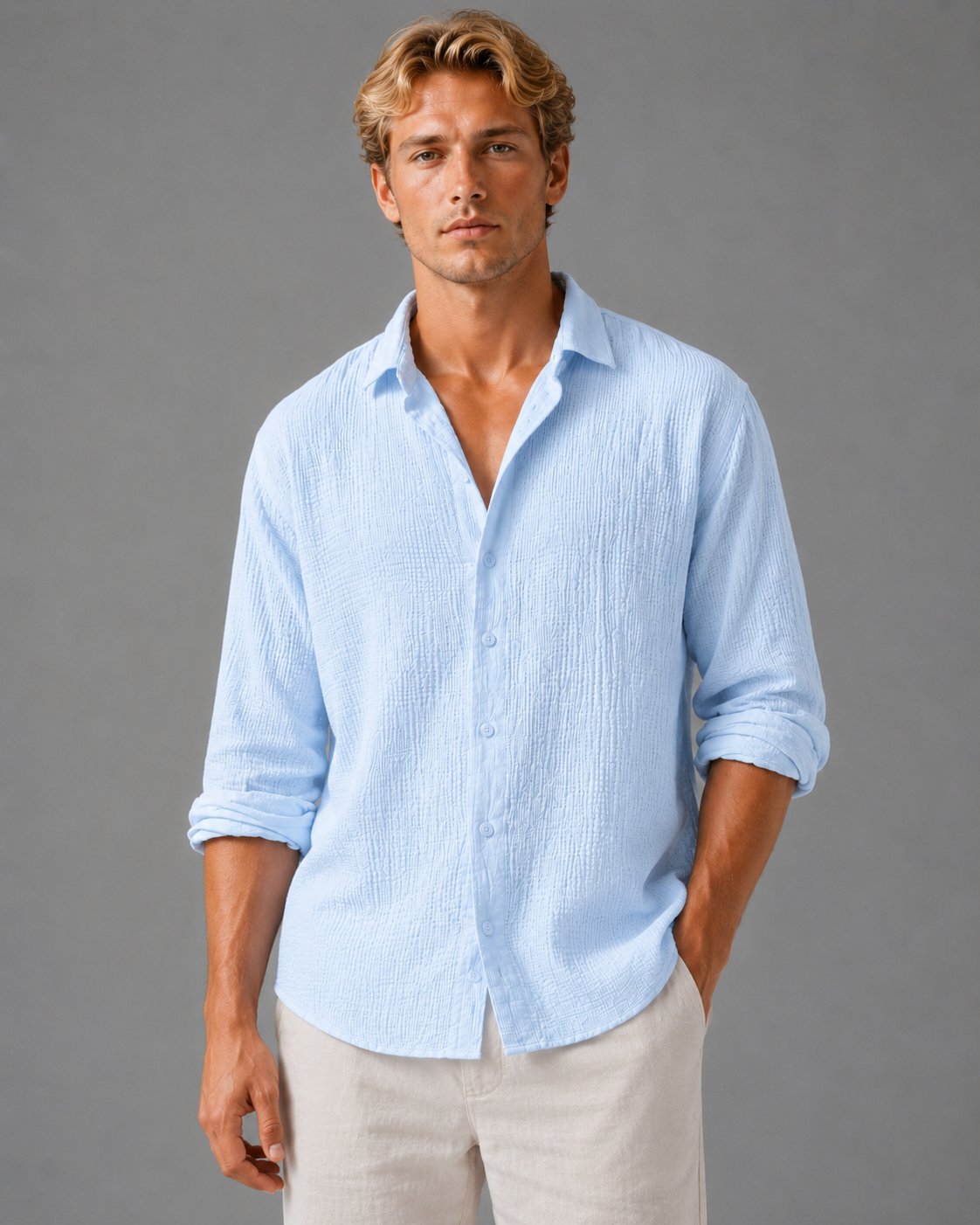 Men's Crinkle Cotton Shirt - Light Blue