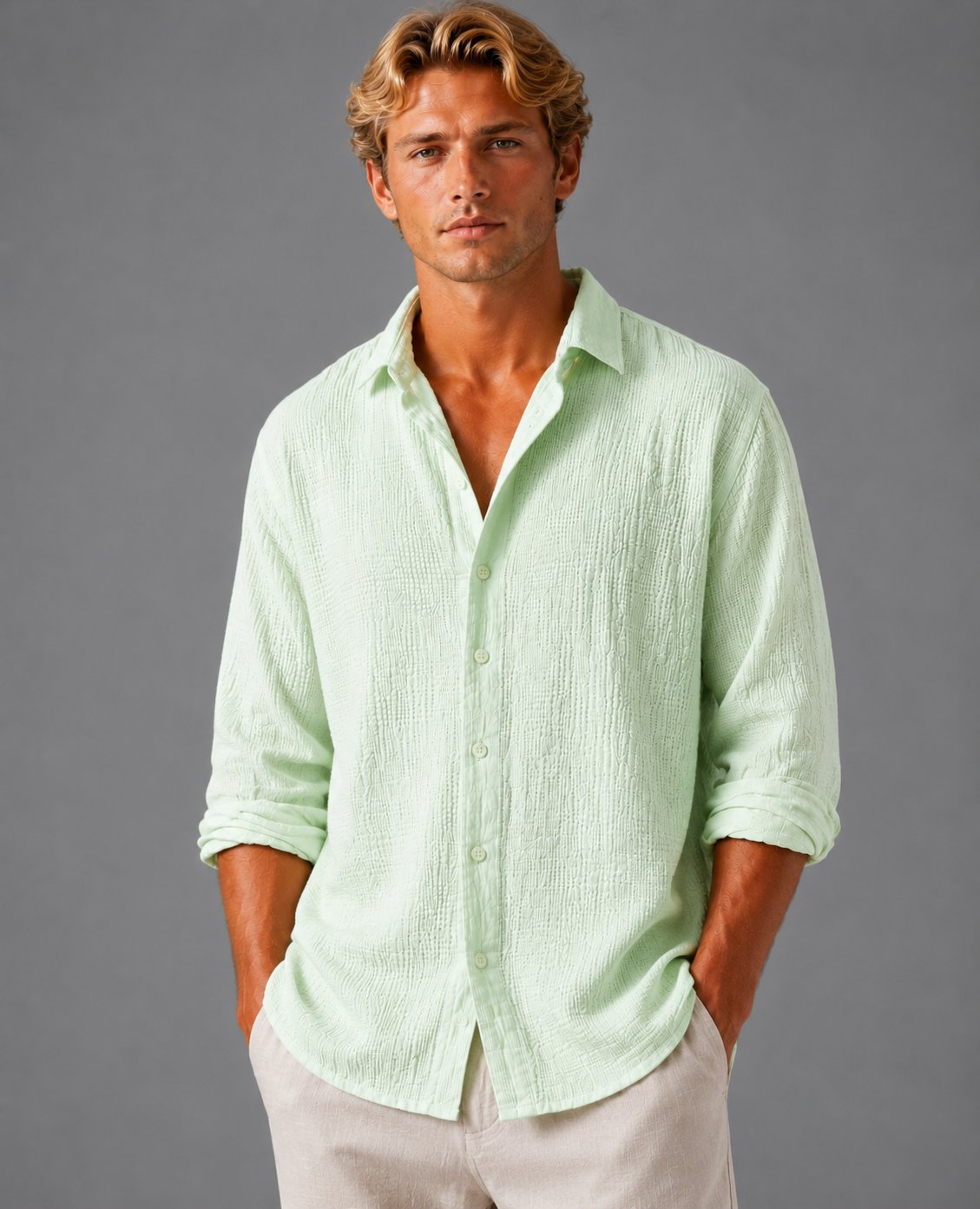 Men's Crinkle Cotton Shirt - Light Green