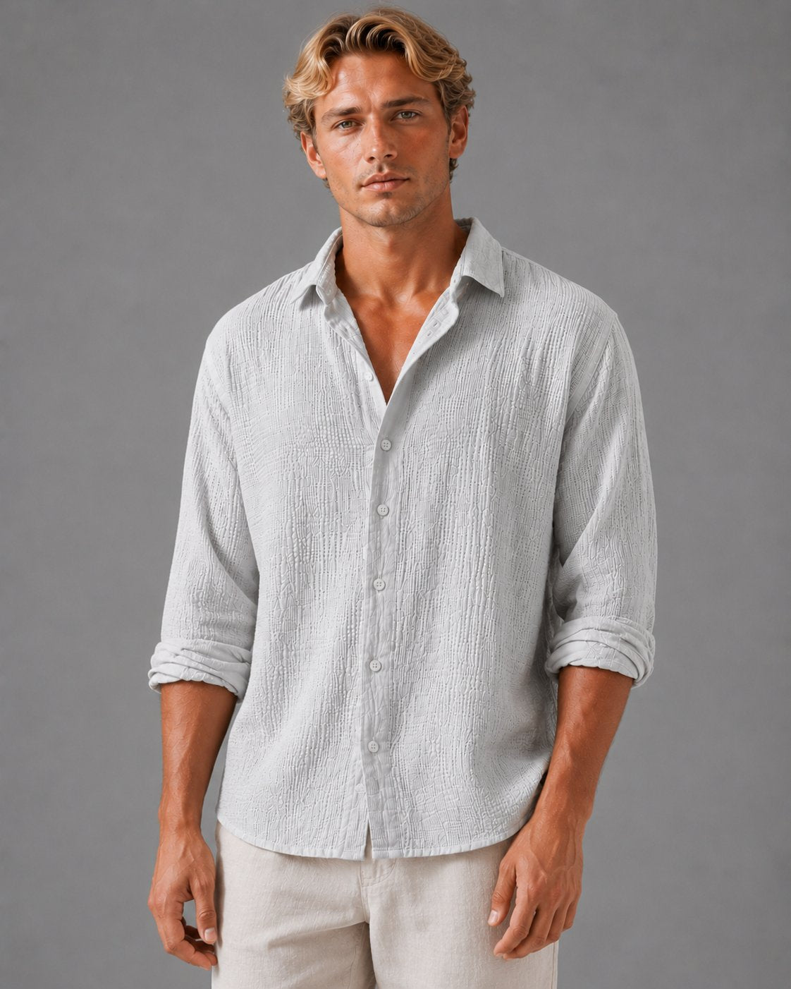 Men's Crinkle Cotton Shirt - Light Grey