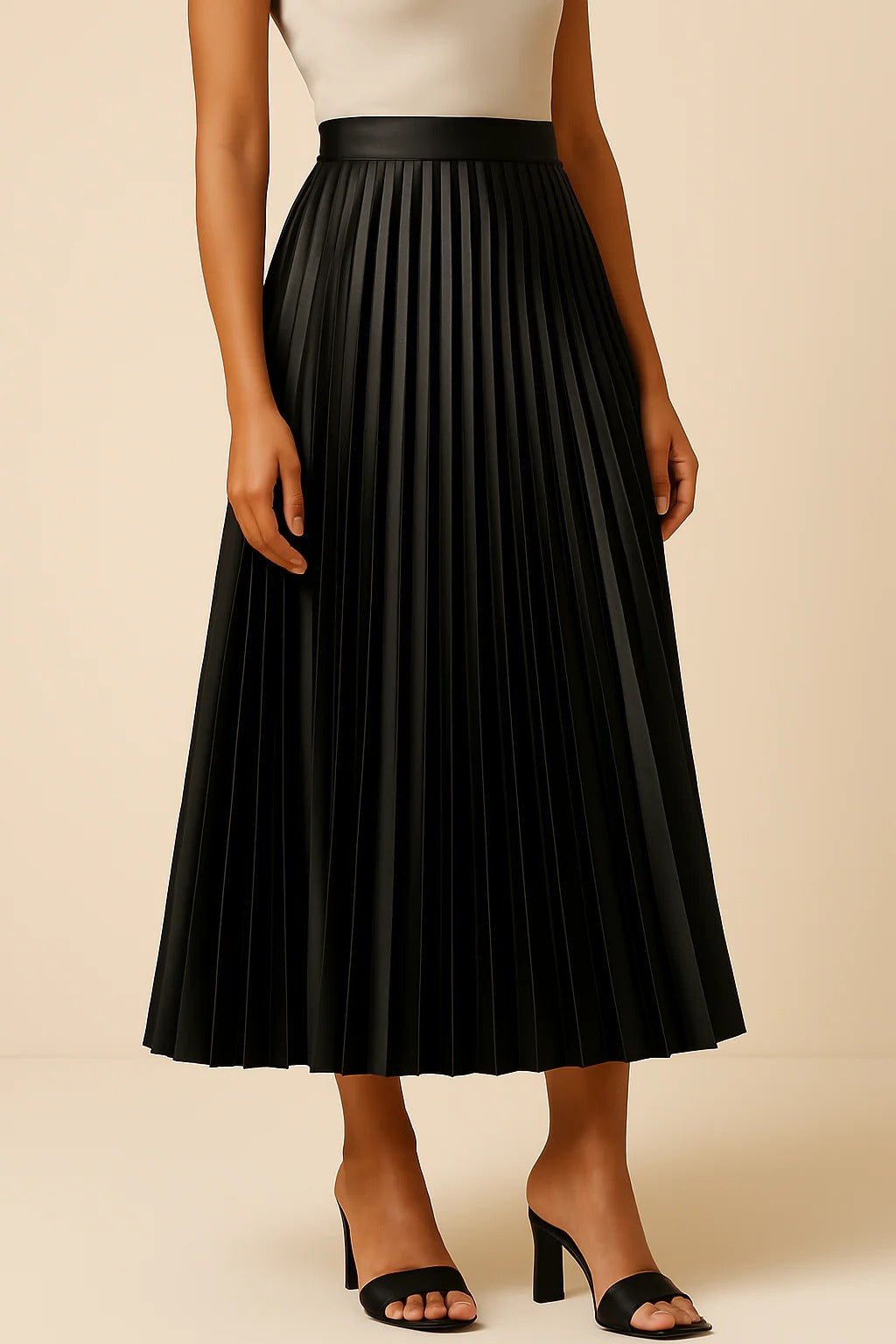 Women's Faux Leather Pleated Midi Skirt - Black