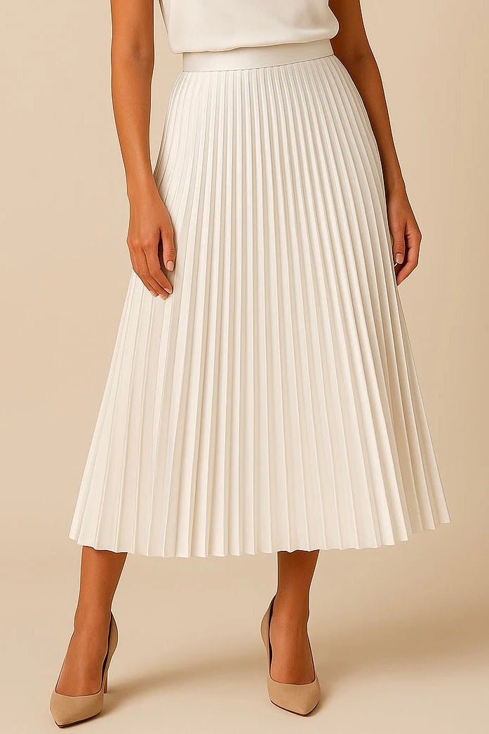 Women's Faux Leather Pleated Midi Skirt - White