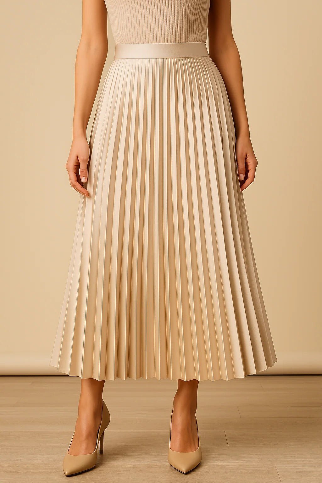 Women's Faux Leather Pleated Midi Skirt - Beige
