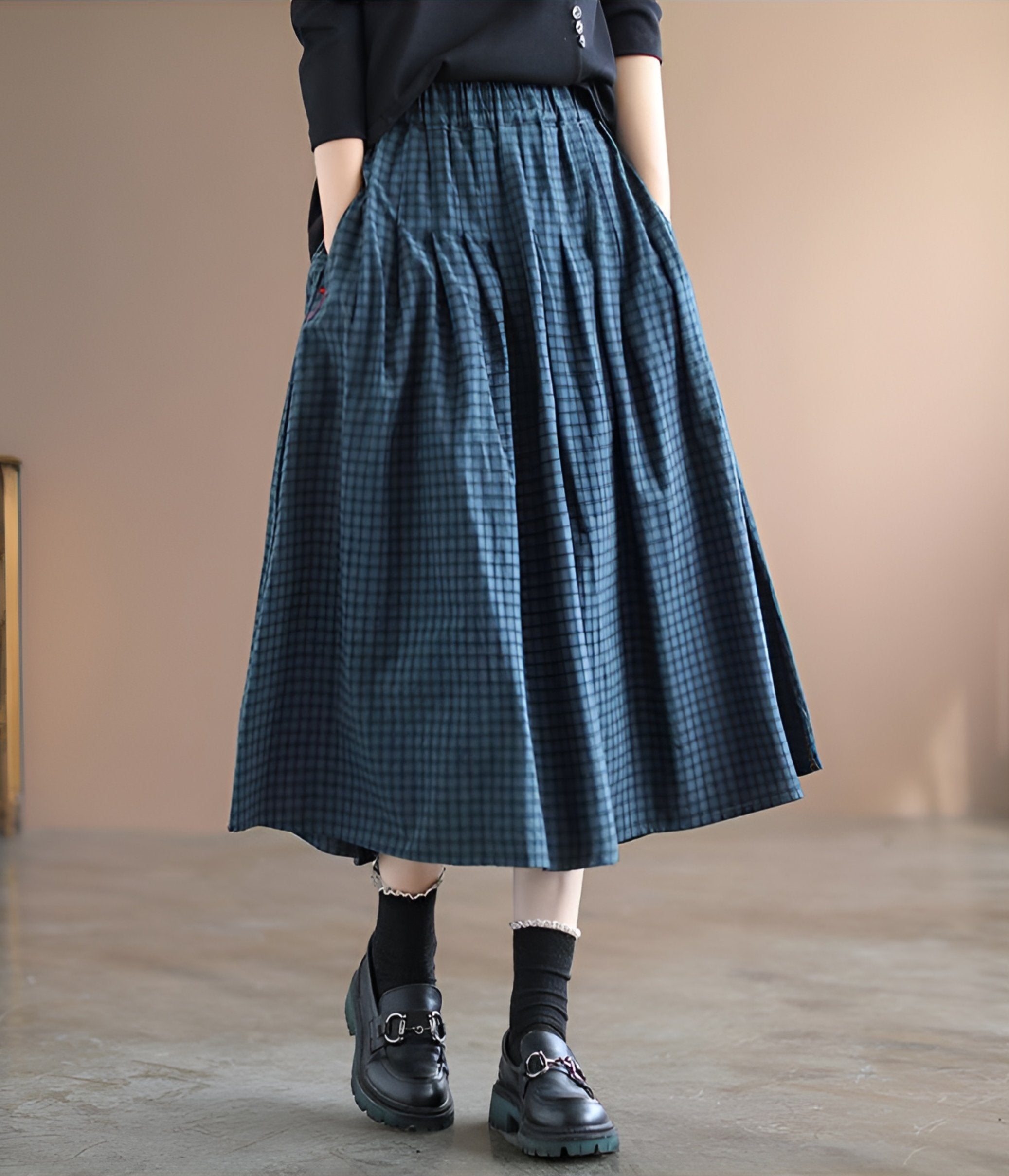 Women's Gingham Cotton Midi Skirt - Blue