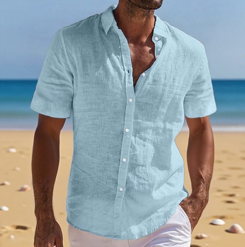 Men's Linen Short-Sleeve Shirt - Light Blue