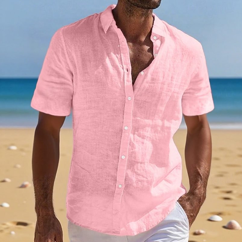 Men's Linen Short-Sleeve Shirt - Pink