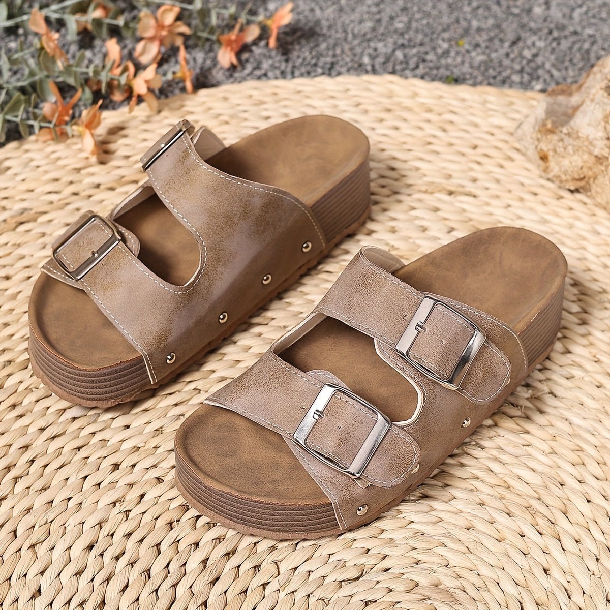 Women's Platform Faux Leather Sandals - Khaki
