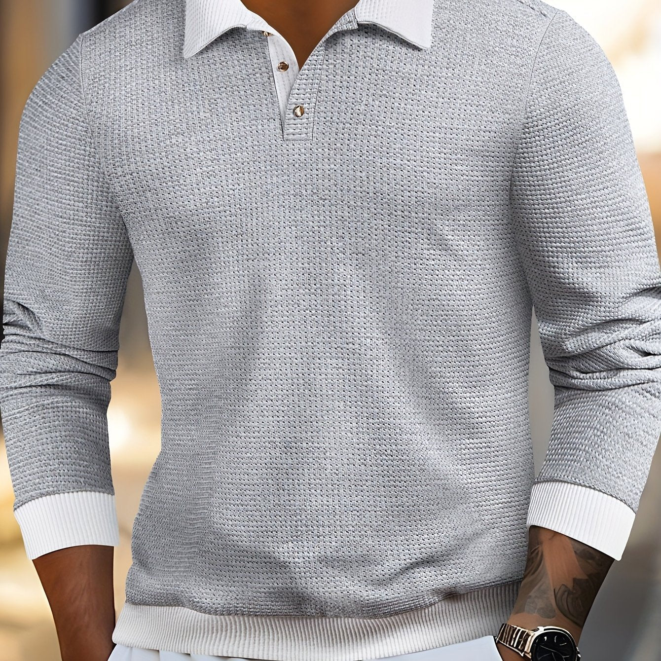 Men's Waffle Knit Long-Sleeve Polo - Grey