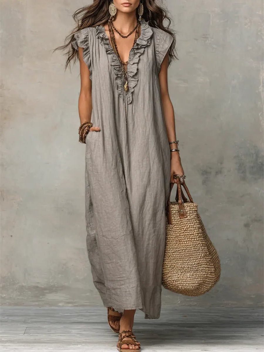 Women's Flowy V-Neck Maxi Dress - Grey
