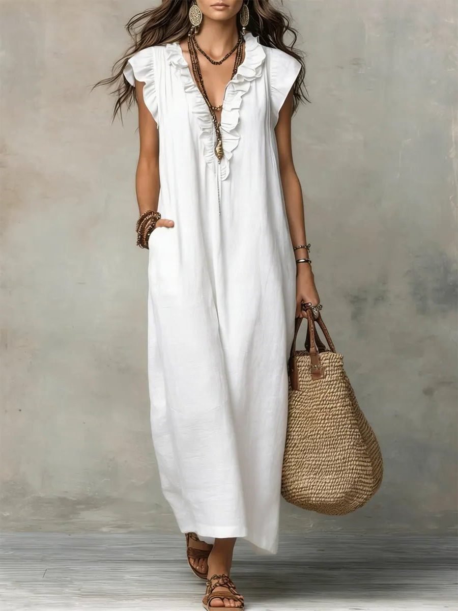 Women's Flowy V-Neck Maxi Dress - White