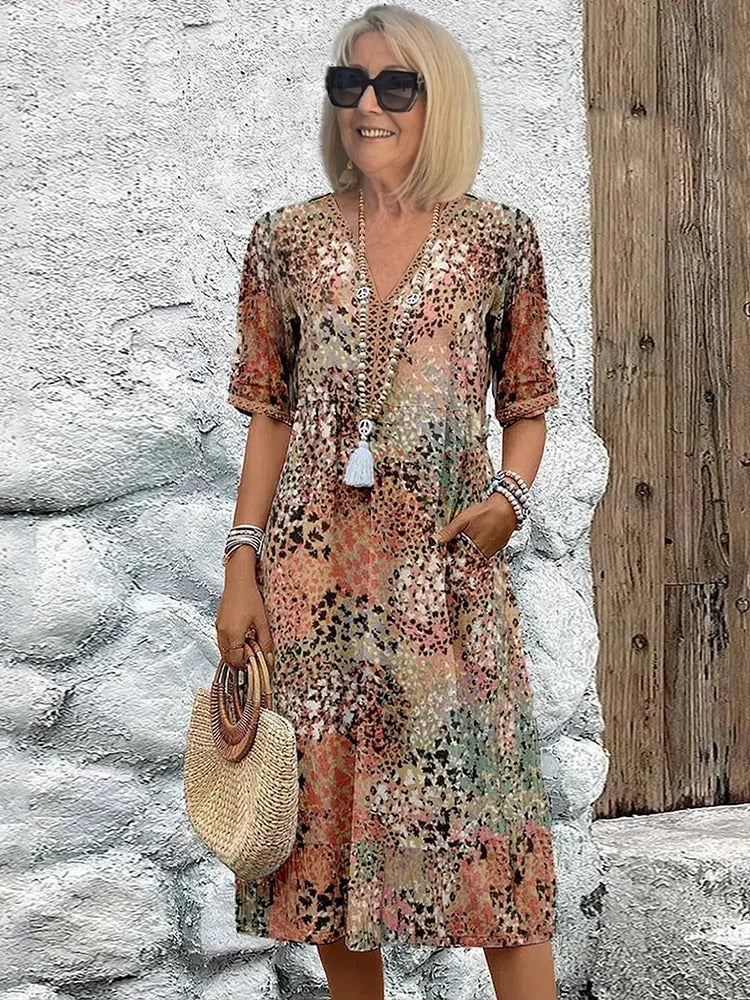 Short Sleeve Floral Midi Dress - Sandy Beige