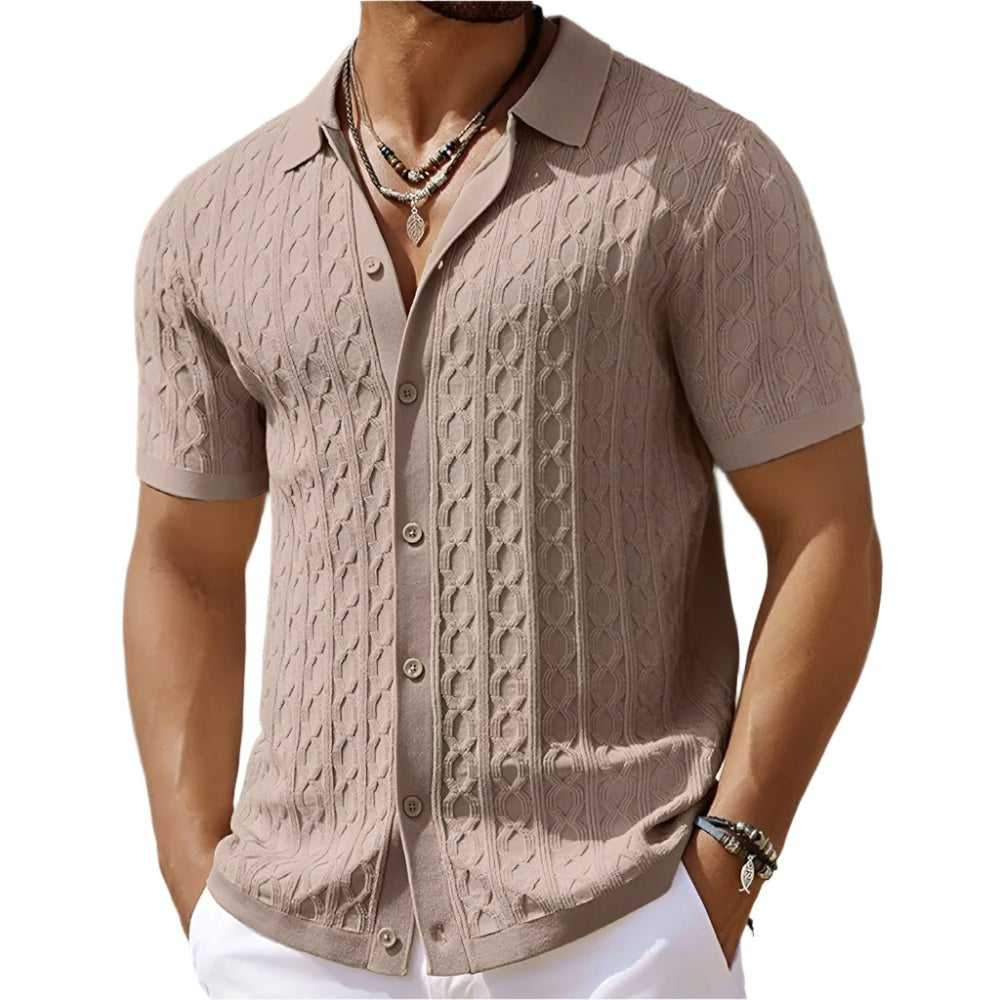 Men's Cable-Knit Short-Sleeve Shirt - Khaki