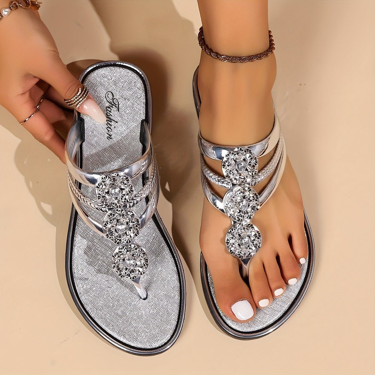 Women's Rhinestone Flat Sandals - Silver