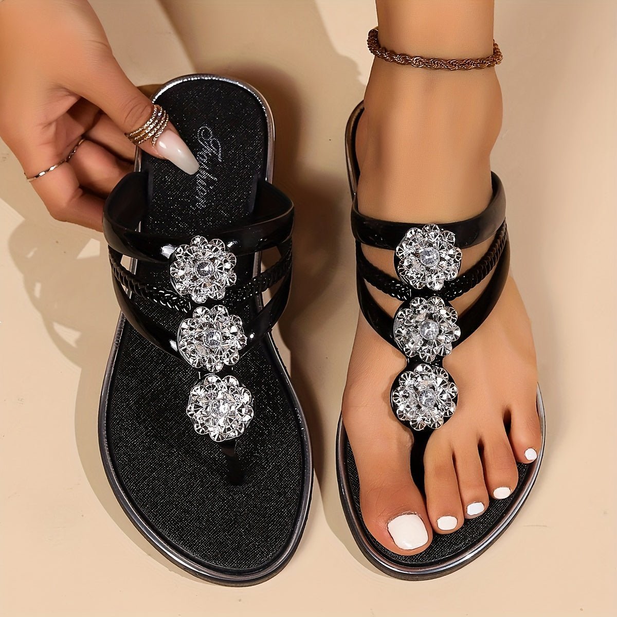 Women's Rhinestone Flat Sandals - Black