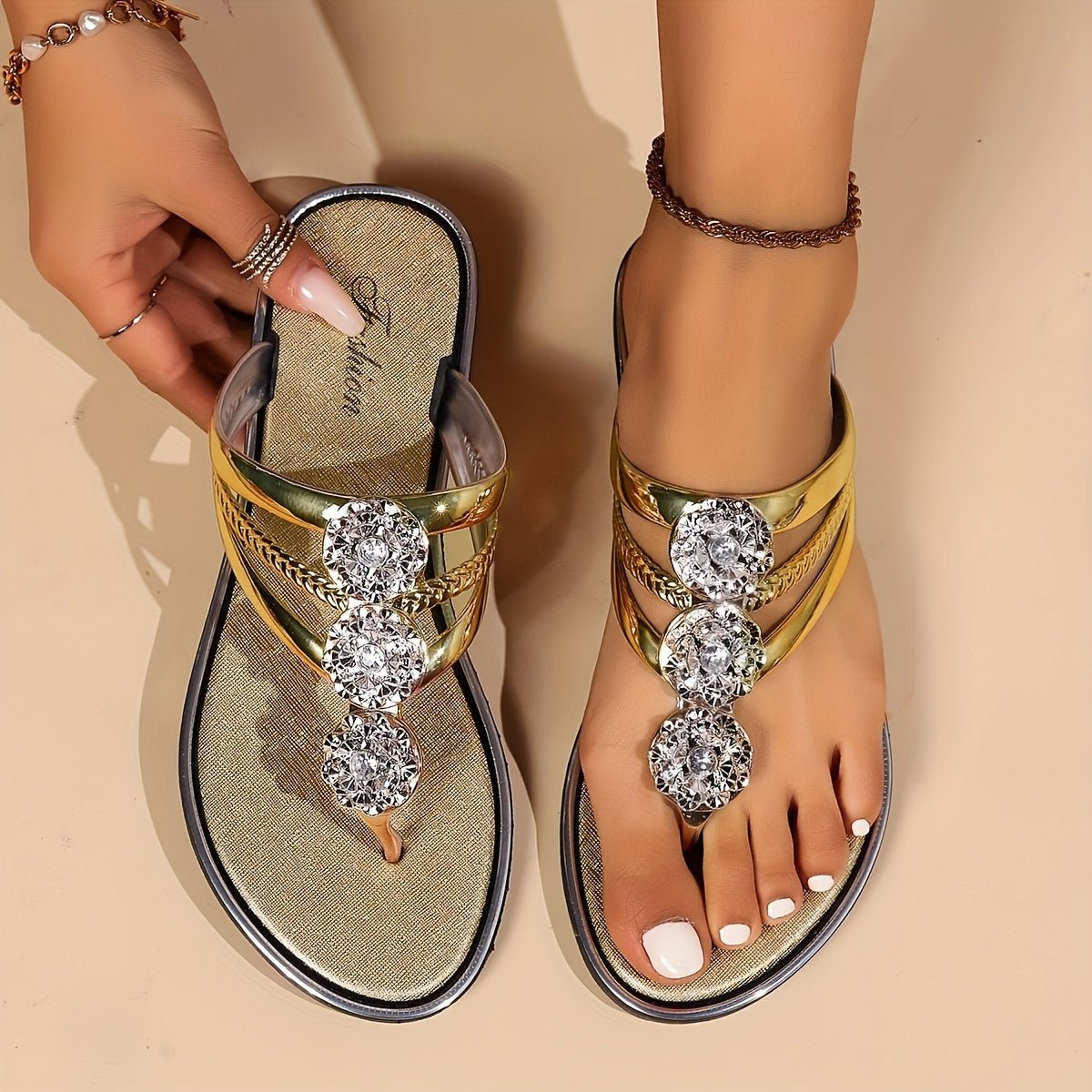 Women's Rhinestone Flat Sandals - Gold