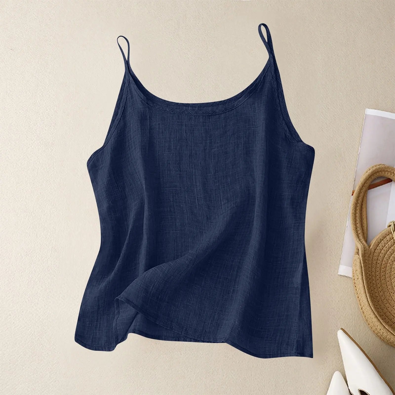 Women's Scoop-Neck Linen Camisole - Navy Blue