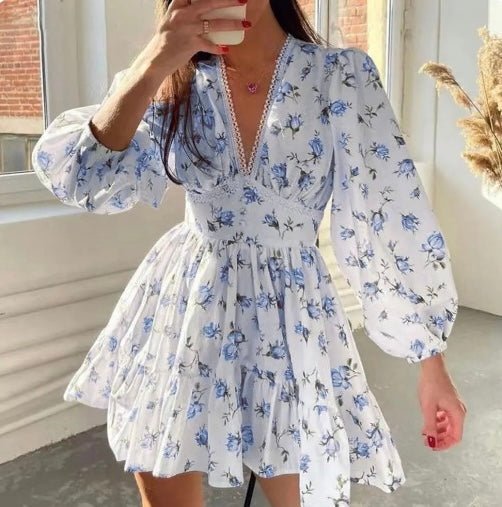 Women's Floral V-Neck Mini Dress - Blue
