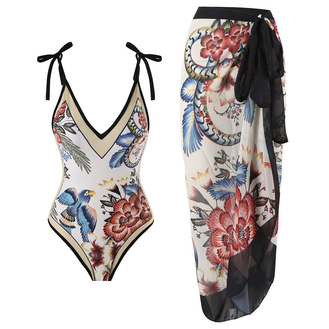 Women's Floral V-Neck One-Piece Swimsuit - Black