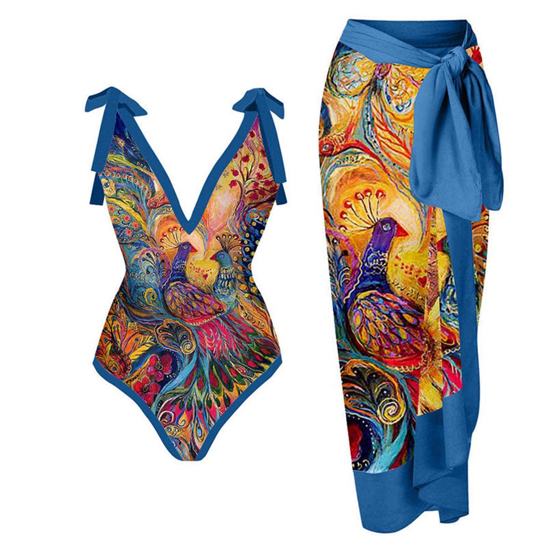 Women's Floral V-Neck One-Piece Swimsuit - Blue