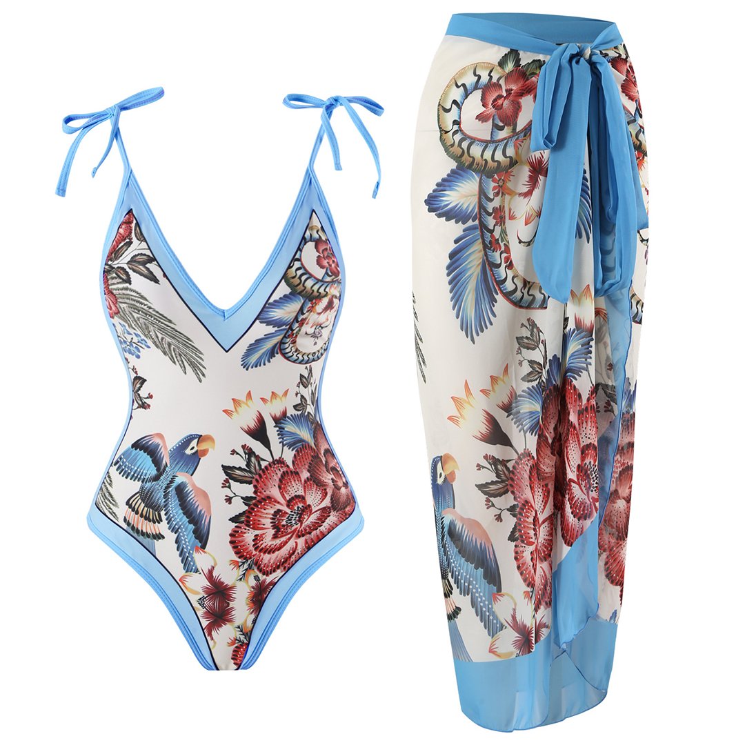 Women's Floral V-Neck One-Piece Swimsuit - Light Blue