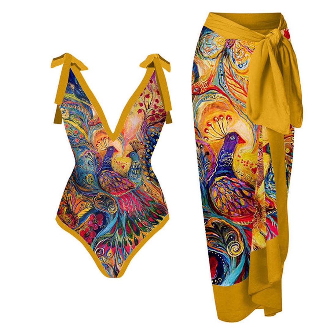 Women's Floral V-Neck One-Piece Swimsuit - Yellow