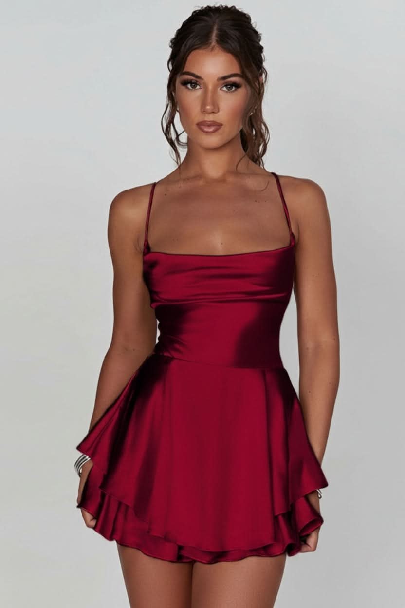 Women's Satin Party Mini Dress - Brick Red
