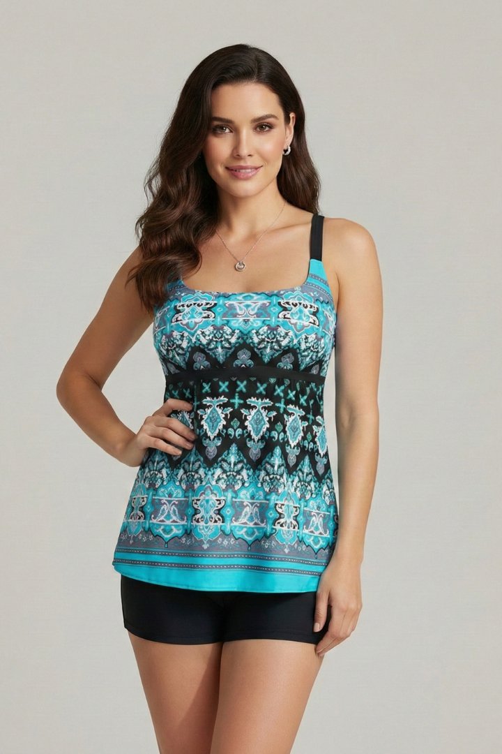 Women's Striped Square Neck Tankini Top - Turquoise