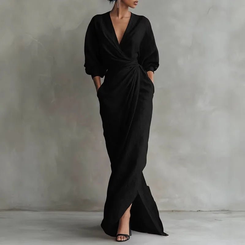 Women's V-Neck Wrap Maxi Dress - Black