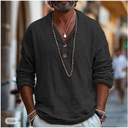 Long Sleeve Henley Shirt - Black