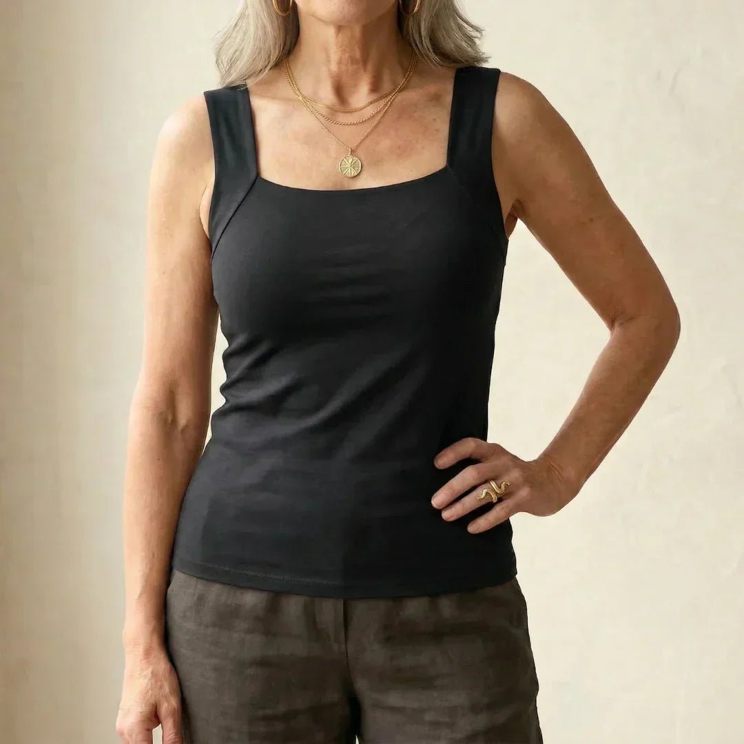 Women's Square Neck Cotton Tank Top - Black