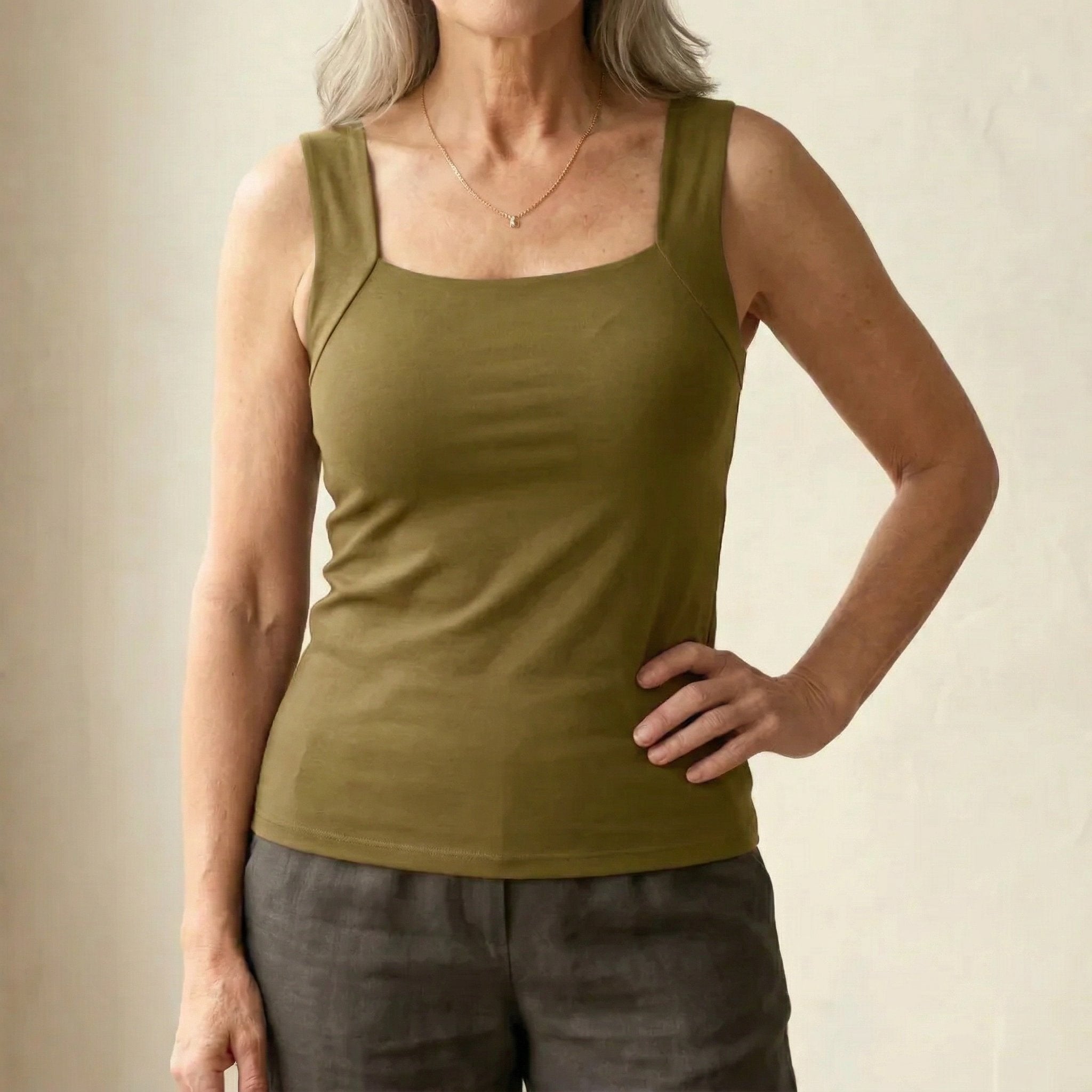 Women's Square Neck Cotton Tank Top - Green