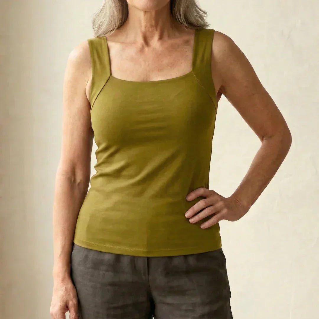 Women's Square Neck Cotton Tank Top - Olive Green