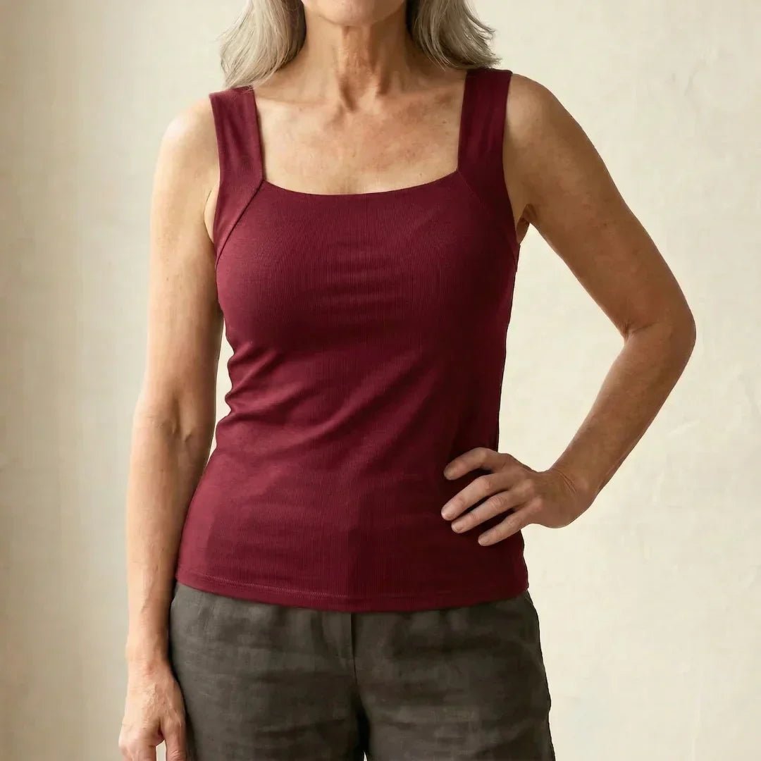 Women's Square Neck Cotton Tank Top - Burgundy