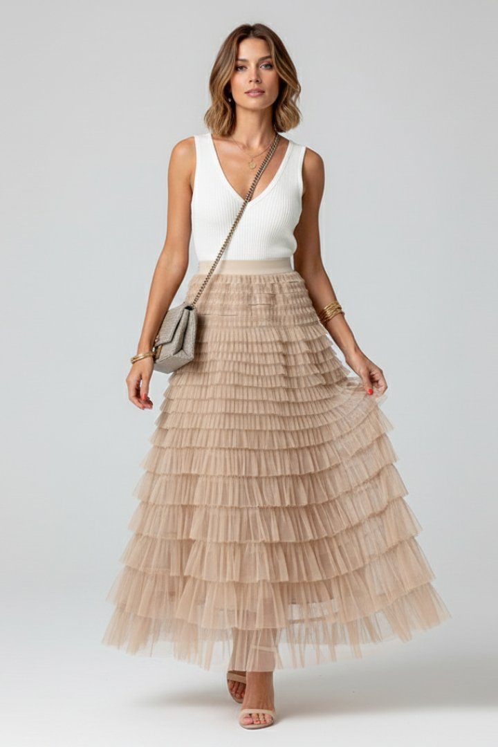 Women's Tulle Maxi Skirt - Beige