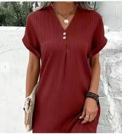 Women's V-Neck Mini Shift Dress - Red