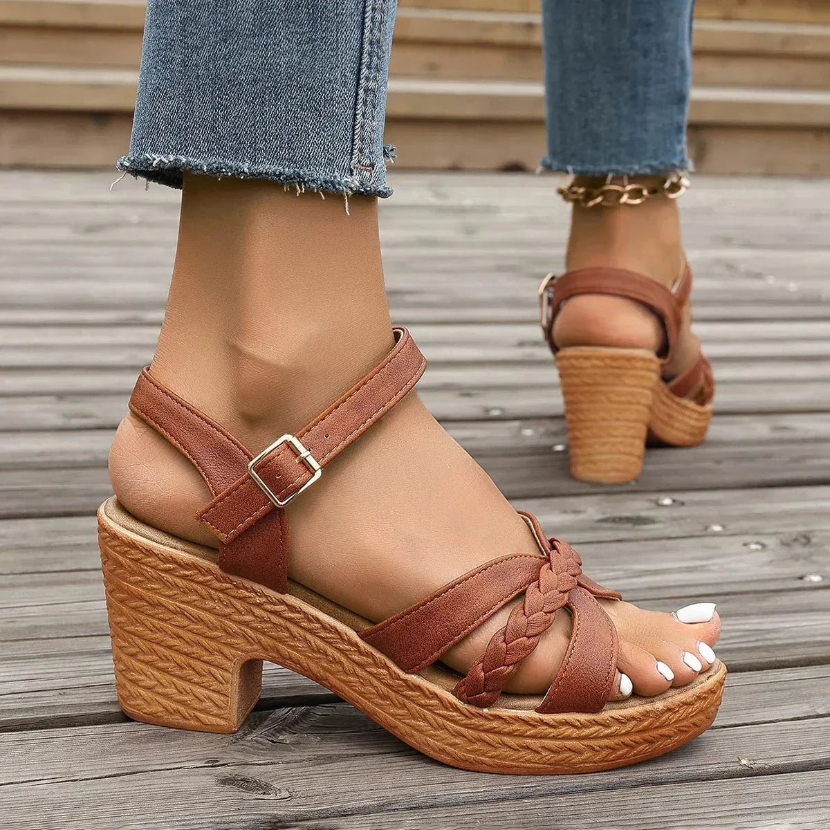 Women's Platform Block Heel Sandals - Brown