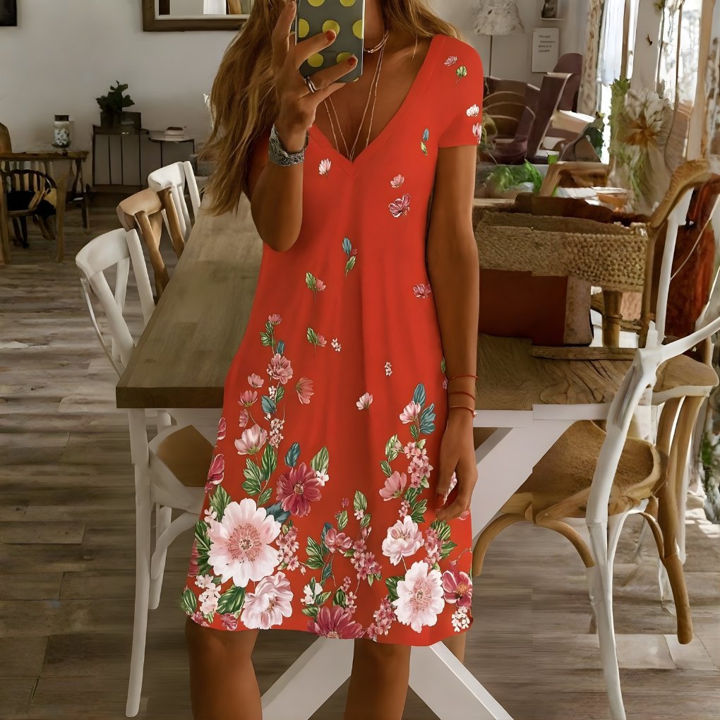 Women's Floral V-Neck Mini Dress - Orange