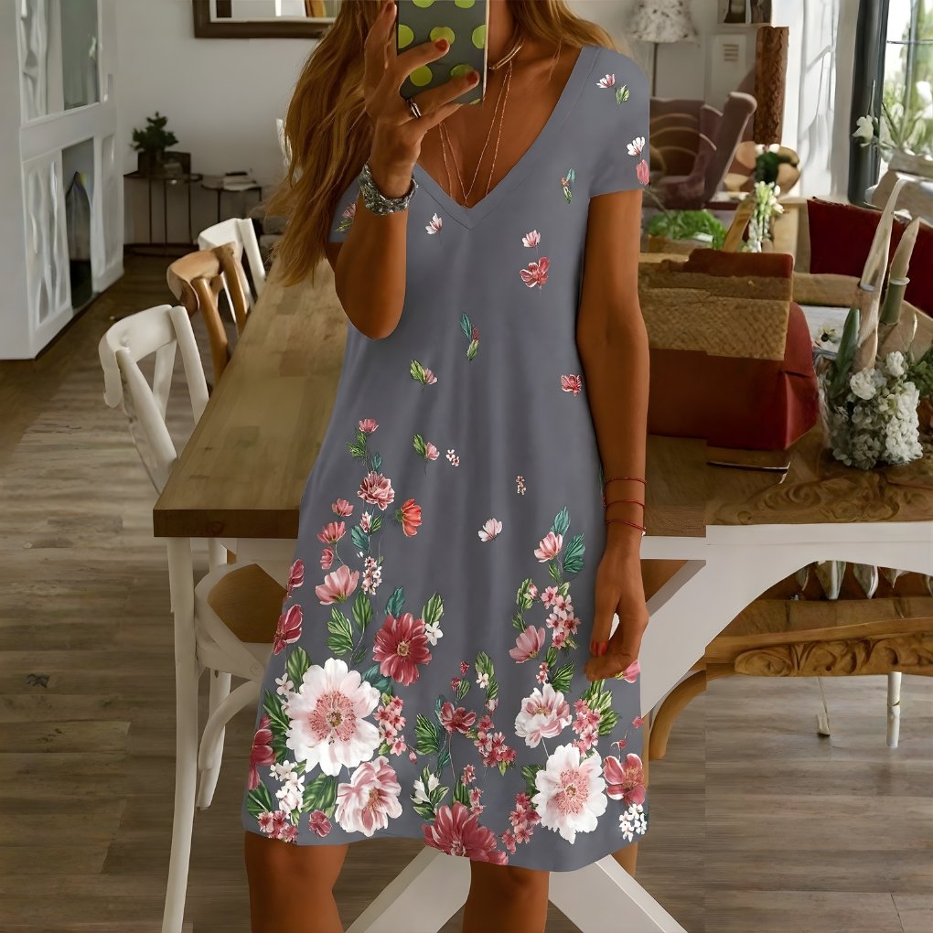 Women's Floral V-Neck Mini Dress - Grey