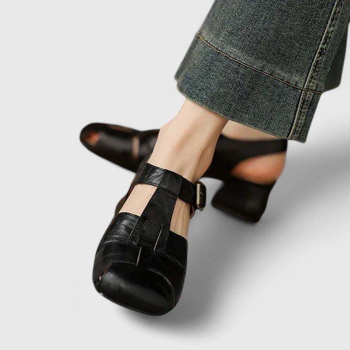 Women's Leather Block Heel Sandals - Black