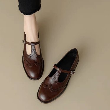Women's Leather T-Strap Brogues - Beige