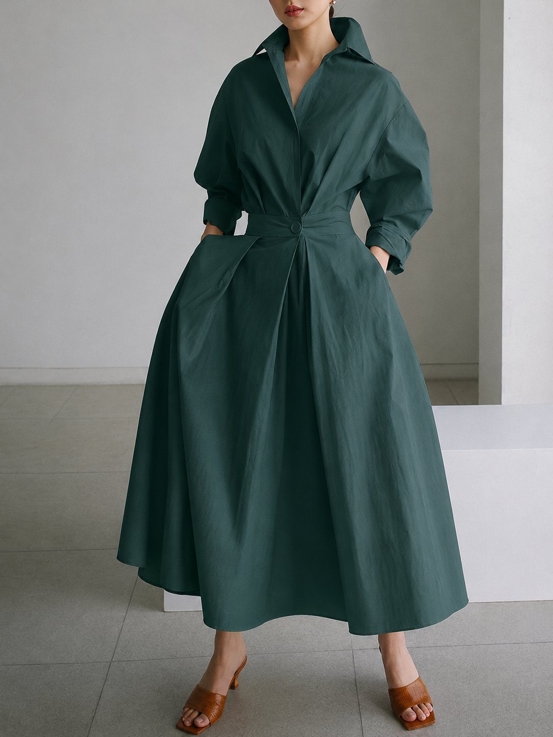 Women's Maxi Shirt Dress - Army Green